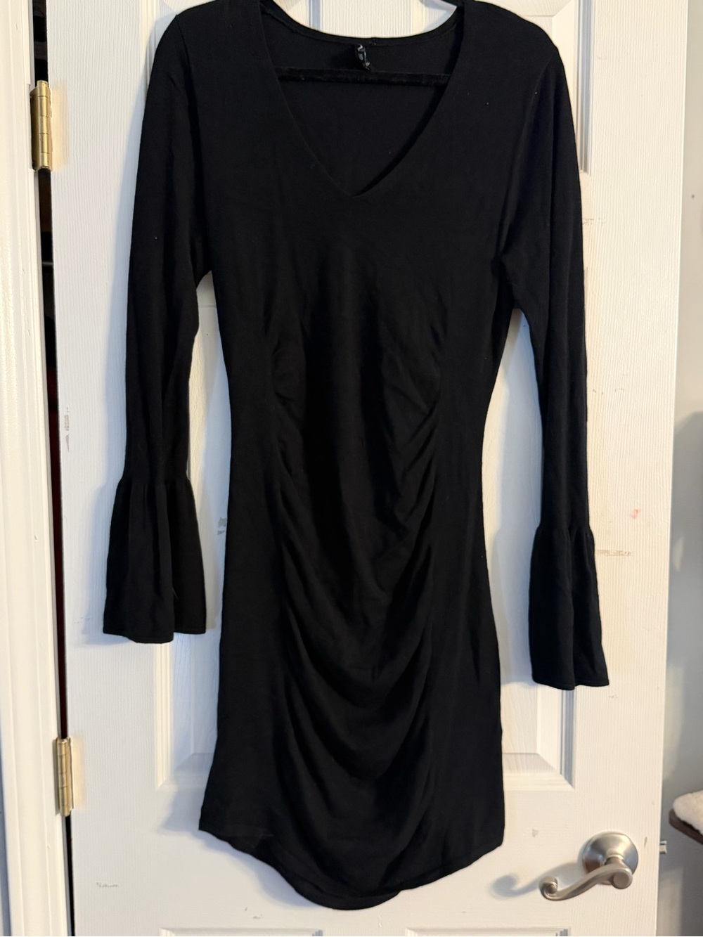 Express Black V-Neck Long Sleeve Ruched Dress with Bell Sleeves